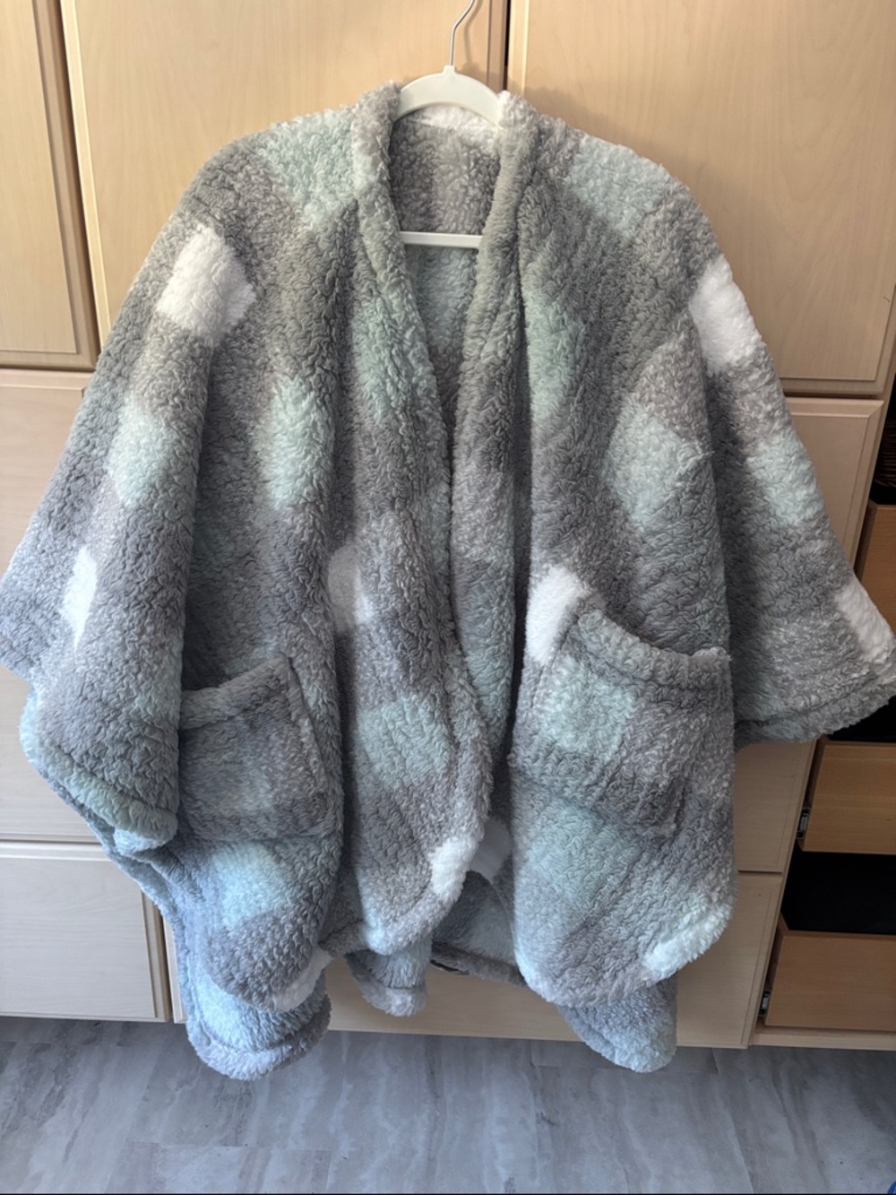 Berkshire Blanket sherpa wearable blanket wrap, gray/blue/ white plaid check